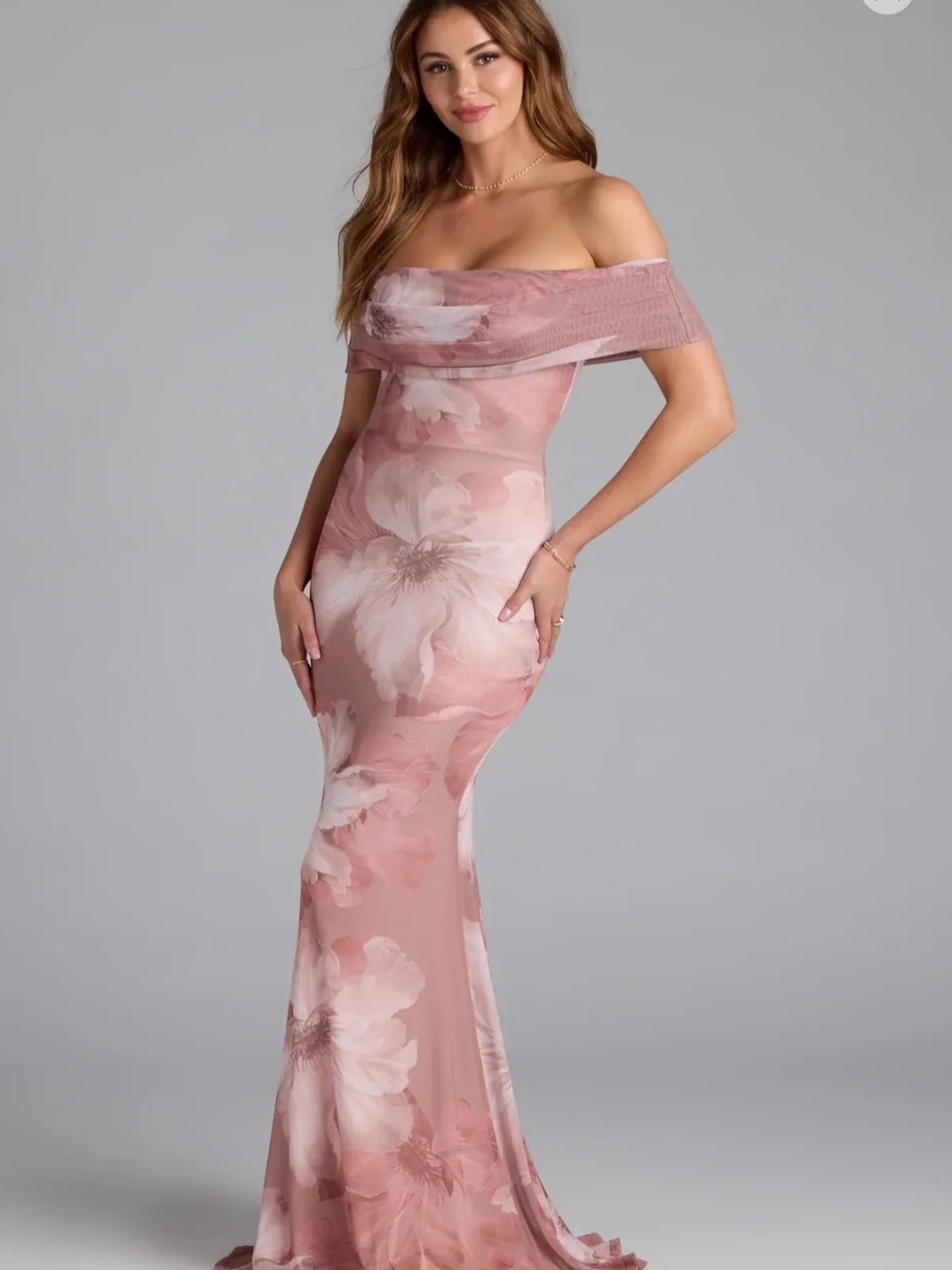 Windsor Dusty Rose Sheer Floral Maxi Gown